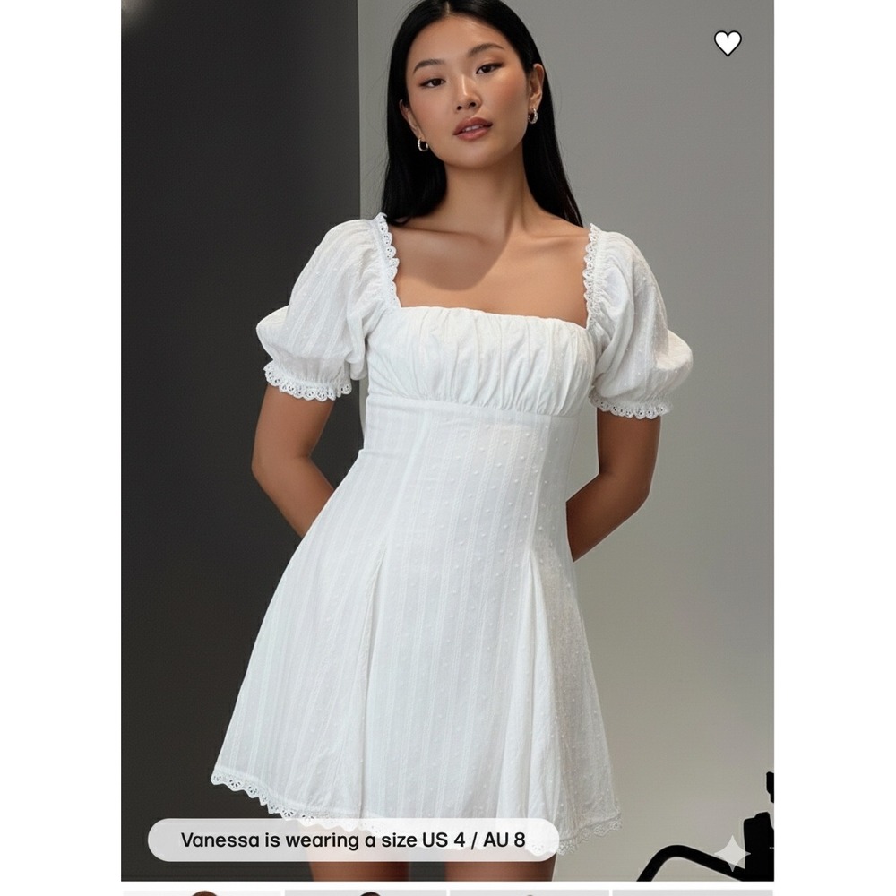 Princess Polly White Square Neck Puff Sleeve Smocked‎ Waist Mini Dress Lace Trim
